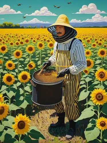 Shota, beekeeper, yellow and black striped suit, netted hat, gloved hands, holding a smoker, standing in a sunflower field, warm sunny day, few fluffy clouds, green grass, wooden beehives in the backg