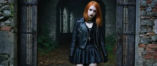 gothic fashion,gothic dress,gothic woman,gothic portrait,gothic style,dark gothic mood,black coat,gothic,creepy doorway,goth woman,redhead doll,dress walk black,witch house,goth whitby weekend,dark angel,doorway,goth like,iron door,open door,vampire woman,Illustration,Realistic Fantasy,Realistic Fantasy 31