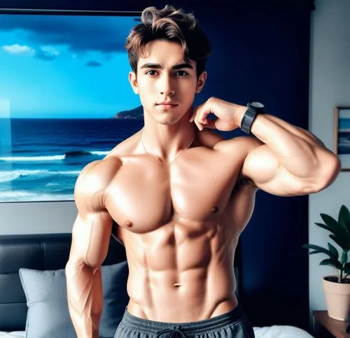 make him more muscular and thicker, change his pose,the man is standing on a bed and looking at the camera,vijender,physiques,hunk,body building,sadik,austin stirling