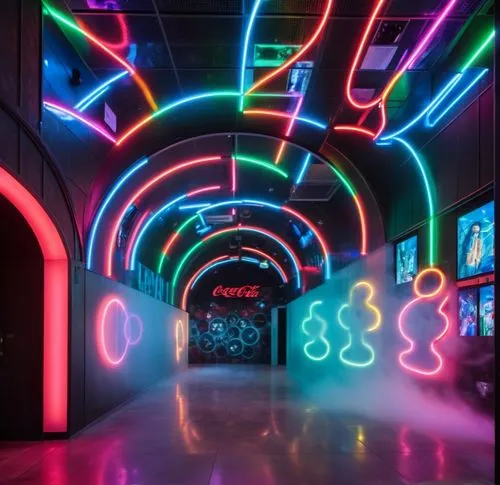 Interior with a barrel vault ceiling. It has neon lights of different colors which follow circuits across the walls and ceiling. The neon lights create cocacola bottles in the walls. At the end there 