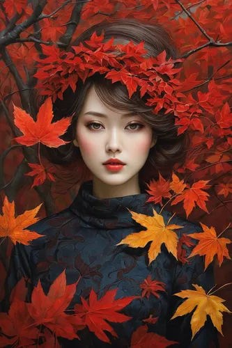 Autumn Woman Portrait - Beauty Fashion Model Girl - With Red Leaves,red leaves,autumn background,autumn leaves,red leaf,reddish autumn leaves,autumn icon,autumnal leaves,the autumn,autumn landscape,re