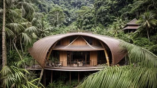 Bronze metal shiny metal curve raling, edges in metal bronze shiny, Bamboo villa on cliff edge surrounded by jungle, by Pablo Luna Studio, in Ubud Bali, Bronze Metal Railing on balcony, light and luxu