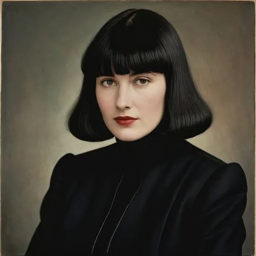 beautiful caucasian woman with bangs and long black hair dressed in formal wear,akhmatova,moskvina,portrait of christi,official portrait,tsvetaeva,tretchikoff,kawakubo,vintage female portrait,yasumasa