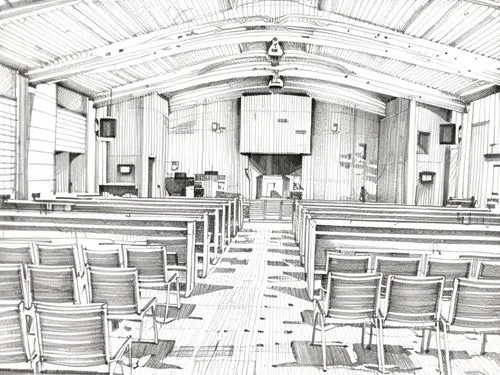 an empty church filled with wooden benches and pews,courtroom,chappel,lecture hall,wooden church,sketchup,pulpits,Design Sketch,Design Sketch,Hand-drawn Line Art