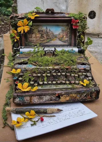 insect hotel,flower cart,typewriter,garden bench,scrapbook flowers,old suitcase,writing desk,flower art,bookmark with flowers,folk art,guestbook,floral and bird frame,grave arrangement,flower box,floral frame,bach flowers,music chest,player piano,wooden pencils,clavichord,Conceptual Art,Graffiti Art,Graffiti Art 03