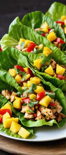 Spicy Chicken Lettuce Wraps With Pineapple Mango Salsa Delightful,spinach salad,corn salad,swiss chard,leaf ribs,sprout salad,leaf vegetable,saladitos,sea salad,cut salad,side salad,vegetable salad,ga