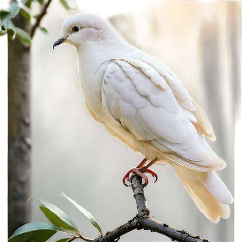 Dove, white feathers, gentle eyes, olive branch, peaceful atmosphere, soft sunlight, subtle shadows, warm colors, 3/4 composition, shallow depth of field, cinematic lighting, morning dew, quiet forest