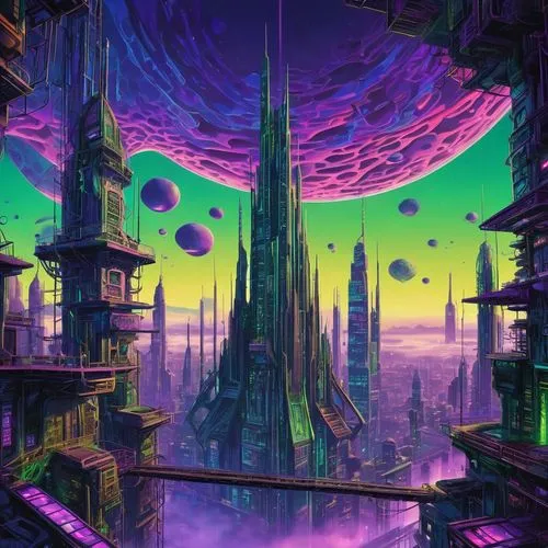 Futuristic skyscraper, cyberpunk cityscape, neon lights, towering spires, irregular shapes, metallic materials, reflective surfaces, holographic advertisements, vibrant purple and green hues, intricat