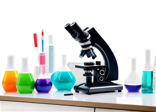 Microscope, laboratory equipment, various scientific tools, test tubes, beakers, flasks, pipettes, Petri dishes, colorful chemicals, experimental setup, modern lab interior, bright lighting, shallow d