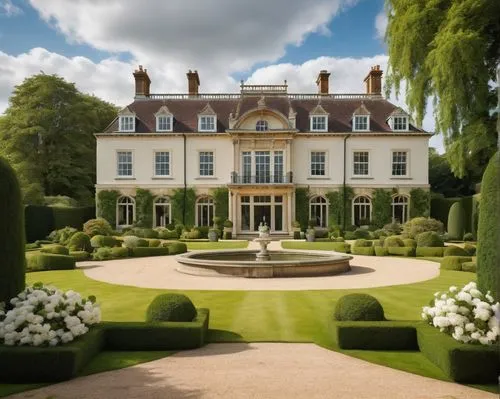 Buckinghamshire, English countryside, luxurious villa, modern architectural design, grand entrance, symmetrical facade, white stone walls, large windows, French doors, balconies with intricate iron ra