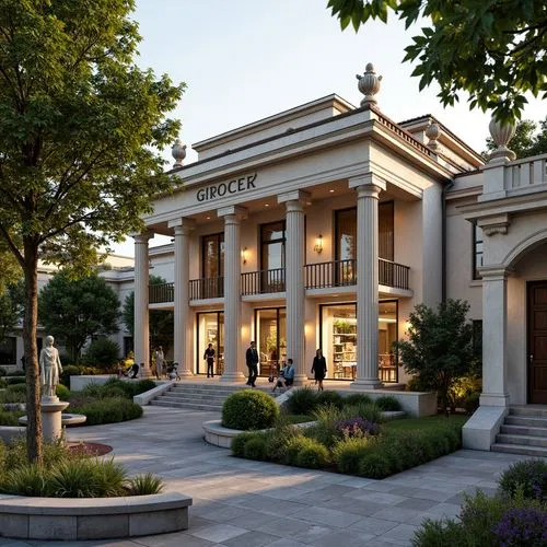 Elegant neoclassical grocery store facade, ornate columns, symmetrical architecture, lush greenery, blooming flowers, manicured lawns, decorative fountains, rustic stone pathways, vintage street lamps