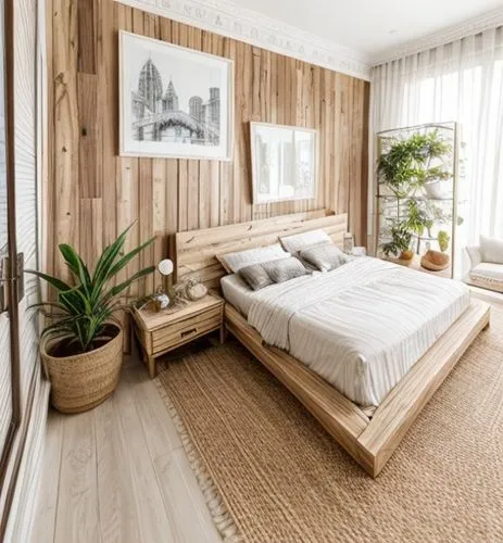 (boho-chic) style of bedroom , wooden beige furniture  , cupboard , plant , frames on wall , white walls , , beige carpt ,wooden pallets,patterned wood decoration,wooden planks,canopy bed,modern room,