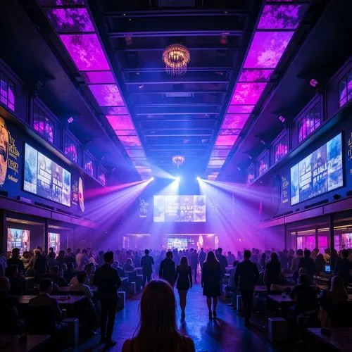 Vibrant nightclub atmosphere, pulsating strobe lights, dynamic LED installations, fog machines, laser beams, colorful neon signs, mirrored ceilings, metallic accents, futuristic DJ booths, sleek dance