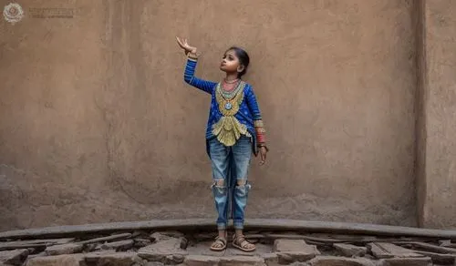 Indian Girl stands and holds up her arm, wears pants
,girl praying,girl with cloth,girl in a historic way,pakistani boy,photographing children,girl in cloth,india,woman at the well,girl with a wheel,i