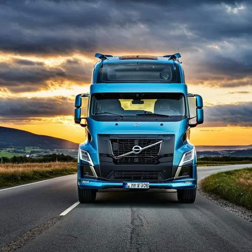 Volvo,a truck on the road during sunset or sunrise,actros,hgv,volvo,iveco,scania,semi,Photography,General,Realistic