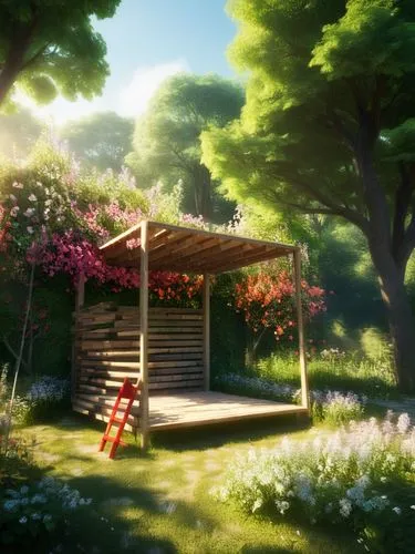 a cozy wooden bench with a red exterior sits amidst a lush green garden filled with vibrant flowers and tall trees. A small group of children play a game of hopscotch, enjoying the peaceful ambiance a