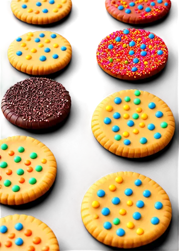 Delicious cookies, assorted flavors, colorful sprinkles, soft chewy texture, crispy edges, golden brown, plate arrangement, shallow depth of field, warm lighting, 3/4 composition, close-up shot, mouth