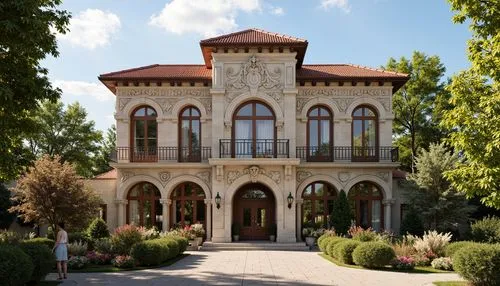 Renaissance-style high school facade, ornate stone carvings, grand entrance archways, symmetrical columns, rusticated base, classical pediments, decorative cornices, red terracotta roof tiles, large m