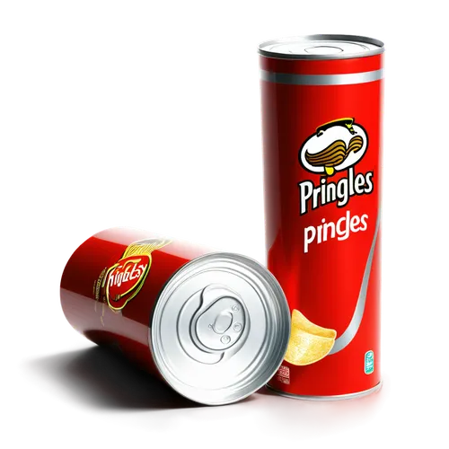 Pringles can, solo, transparent background, shiny metallic surface, red and silver color scheme, cylindrical shape, ridged texture, opened or closed lid, studio lighting, 3/4 composition, shallow dept