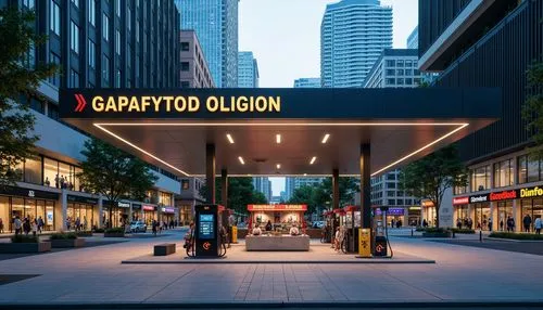 Modern urban gas station, sleek metal canopies, LED-lit fuel pumps, bold font signage, bright color schemes, reflective surfaces, futuristic architecture, urban landscape, busy streets, city skyscrape