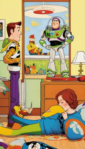 Write a dialogue between Woody and Buzz in Andy's room.,toy story,light year,boy's room picture,toy's story,caper family,retro cartoon people,kids room,housework,cartoons,smart house,brock coupe,carto