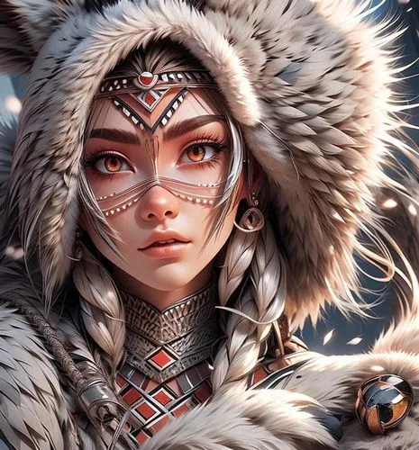 amuria,chukchi,tengri,vasak,suit of the snow maiden,eskimo,nitaya,liora,white fur hat,khatuna,fantasy portrait,inuit,female warrior,mayak,miqati,amidala,warrior woman,lyuba,ulyanova,tundra