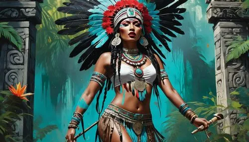 Aztec goddess, Mictecacihuatl, standing, powerful pose, feathered headdress, intricate turquoise jewelry, dark skin, bold eyebrows, red lips, ornate chest plate, flowing white and black skirt, ankle b