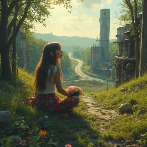 arrietty,rapunzel,girl picking flowers,fantasy picture,girl in flowers,idyllic,Conceptual Art,Sci-Fi,Sci-Fi 09