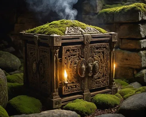 illuminated lantern,druid stone,wishing well,japanese lantern,treasure chest,oriental lantern,cauldron,stone lamp,vintage lantern,magical pot,reliquary,druidic,cremation,music chest,3d render,tealight,japanese lamp,caldron,cauldrons,tin stove,Illustration,Retro,Retro 01