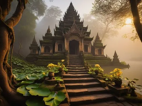 Mysterious ancient temple, Inle Lake, Orisha, Myanmar, misty morning, intricate stone carvings, vines crawling up walls, moss-covered stairs, golden Buddha statue, lotus flowers floating on the lake, 