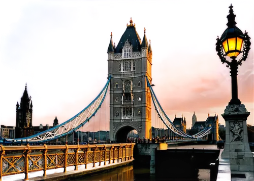 Tower Bridge, London landmark, evening scene, golden hour, sunset, misty atmosphere, intricate stone architecture, Gothic style, towers connected by walkways, suspension chains, River Thames in backgr