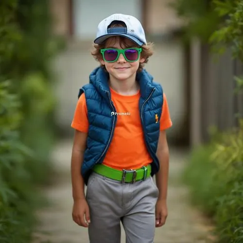 Young boy in orange T-shirt and gray pants with green belt ,a  is wearing sunglasses and standing on the sidewalk,lilladher,boys fashion,stylish boy,gapkids,raviv,apraxia