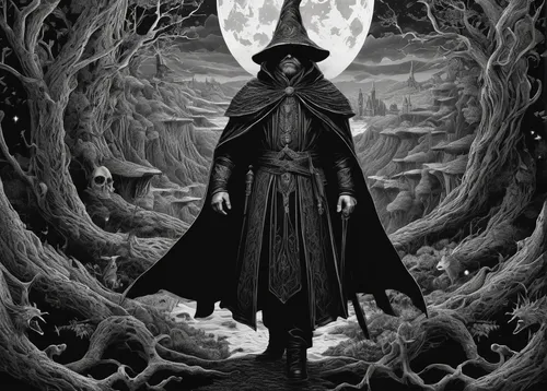 grimm reaper,magus,pilgrim,shinigami,grim reaper,reaper,death god,rasputin,maelstrom,dodge warlock,the wizard,wizard,dance of death,archimandrite,dark art,mysticism,bram stoker,hooded man,guy fawkes,the witch,Illustration,Black and White,Black and White 09