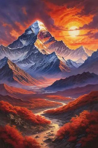 mountain sunrise,mountain landscape,himalaya,volcanic landscape,fire mountain,annapurna,himalayas,mountain scene,mountainous landscape,metavolcanic,alpine sunset,alpine landscape,volcanic,autumn mountains,lava,fire in the mountains,mountain peak,nepal,eiger,giant mountains,Illustration,Realistic Fantasy,Realistic Fantasy 03