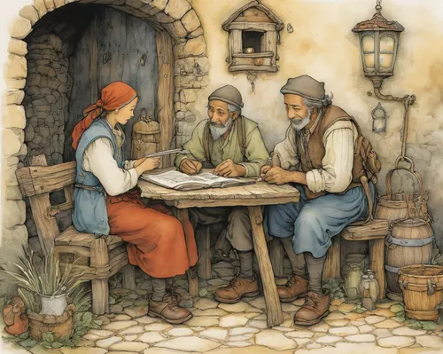 Write a heartwarming story where Tio helps a friend overcome a difficult challenge.,dwarf cookin,apfelwein,tavern,gnomes at table,pilgrims,game illustration,middle ages,rathauskeller,villagers,the pro