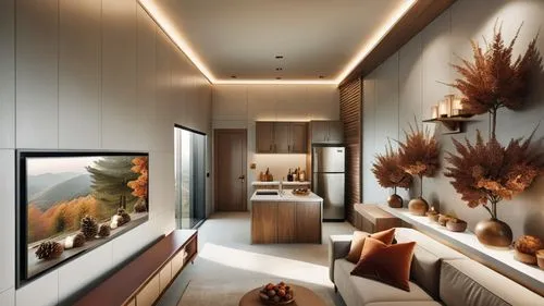 This photo showcases a living room and small kitchen in a hotel suite located in Puli, Taiwan, designed with a warm and elegant American autumn style. The room features stylish furniture and wooden de