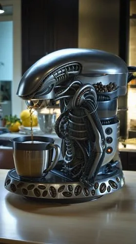 廚房,this machine made from metal parts has an alien face,xenomorph,giger,saucer,alienware,cooktop,kitchen counter