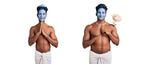 Krishna, Indian god, blue skin, crown, earrings, necklace, sacred thread, white dhoti, bare chest, muscular arms, holding conch shell, lotus flower, gentle smile, serene expression, soft focus, warm l