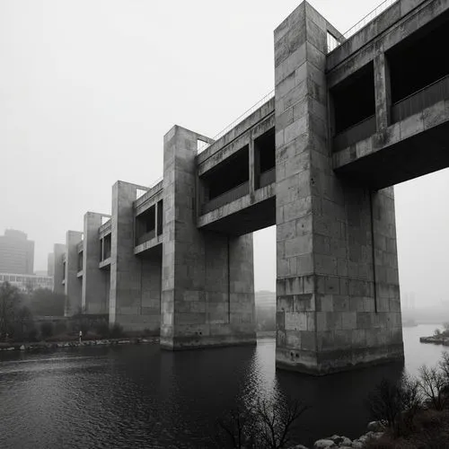 Rugged brutalist bridge, exposed concrete structure, rough-textured surfaces, geometric forms, monumental scale, urban landscape, misty morning atmosphere, dramatic lighting, strong shadows, cantileve