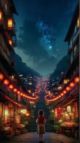 studio ghibli,lanterns,japan's three great night views,mid-autumn festival,tsukemono,kyoto,fireflies,night scene,night image,nikko,dream world,japanese background,lantern,adventure game,digital compositing,japan landscape,world digital painting,2d,3d fantasy,koyasan