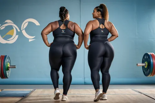 Gorgeous fat curvy athletic Bahamian and Mexican women weightlifters in silky oily Olympic unitards rear view,weightlifting,fitness and figure competition,strength athletics,workout icons,weightlifter