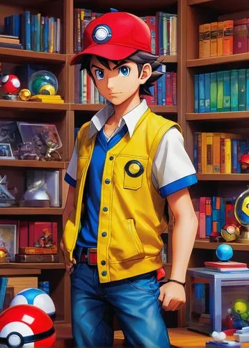 book store,bookstore,pokémon,pokeball,pokemon,cg artwork,schoolboy,retro styled,game room,school boy,ash wednesday,game illustration,red cap,bookcase,bookshop,scholar,library book,bookshelf,retro items,clerk,Conceptual Art,Fantasy,Fantasy 03