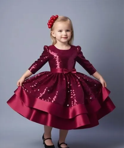 3d drawing of sequin satin dress with dark burgundy very little cherries with three layers kalosh 
First layer is sequin pink with  dark sequins burgundy little cherries with sequin branches of cherri