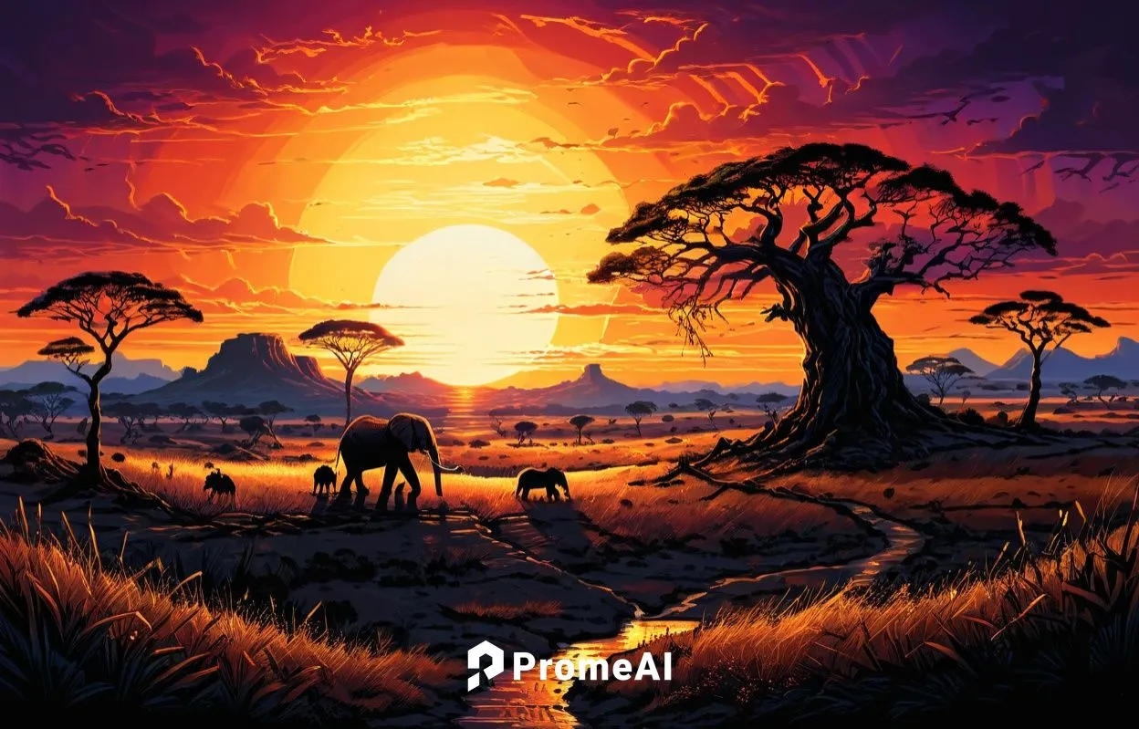 sunset at africa,an elephant at sunset with other animals in the distance,serengeti,zambezian,africa,safari,baobabs,dusk background,Illustration,Realistic Fantasy,Realistic Fantasy 25