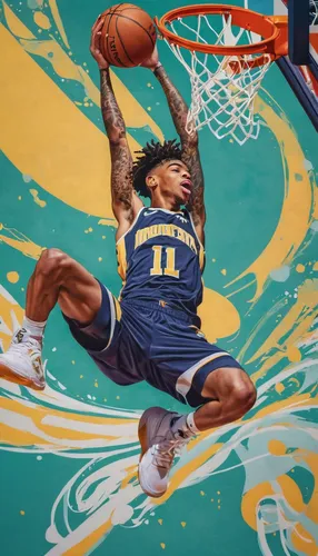 Create an energetic wallpaper of Ja Morant dunking in a basketball court.,mural,the fan's background,nba,lance,slam dunk,kobe,ros,game illustration,chalk drawing,dame’s rocket,mamba,vector graphic,spl