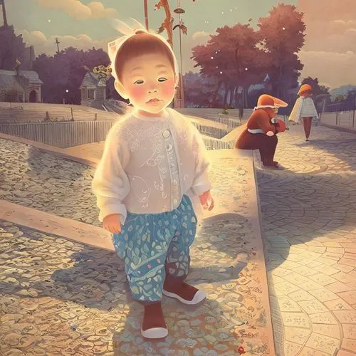 a boy standing on a walkway wearing pants,basov,toddler in the park,lobanov,chudinov,tintin,dubuisson,Game&Anime,Doodle,Children's Animation