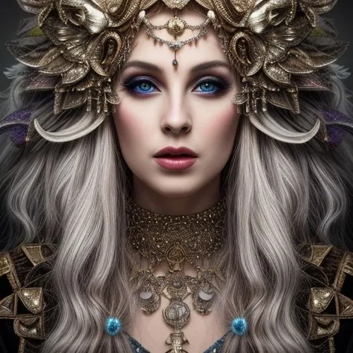 Mythical creature,fantasy portrait,priestess,fantasy art,violet head elf,the enchantress,elven,fairy queen,sorceress,headdress,medusa,fantasy woman,mystical portrait of a girl,queen of the night,zodia