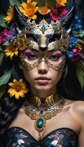 masquerade,venetian mask,balinese,asian costume,golden mask,headdress,gold mask,fantasy portrait,the enchantress,la catrina,fantasy woman,tribal masks,headpiece,shamanic,the carnival of venice,indonesian women,polynesian girl,warrior woman,adornments,laurel wreath,Photography,Artistic Photography,Artistic Photography 08