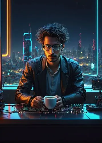 cyberpunk,neon coffee,man with a computer,cyber glasses,sci fiction illustration,cg artwork,computer,computer addiction,neon tea,cyber,neon human resources,80s,computer icon,dj,night administrator,music background,computer business,computer freak,80's design,freelancer,Art,Classical Oil Painting,Classical Oil Painting 42