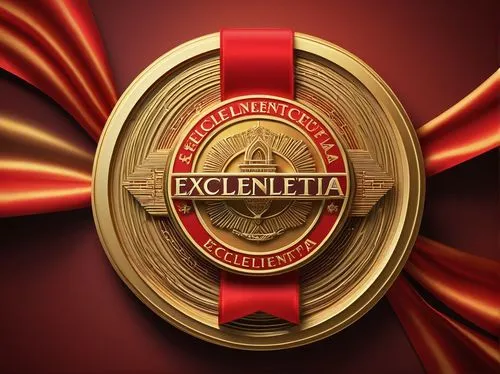 Golden architecture merit badge, shiny metallic material, intricate 3D design, circular shape with radial lines, prominent Latin words "EXCELLENTIA" inscribed, bold font, ornate borders, glossy finish